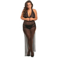 Nuisette longue transparente grande taille noire dentelle sexy fendue string inclus