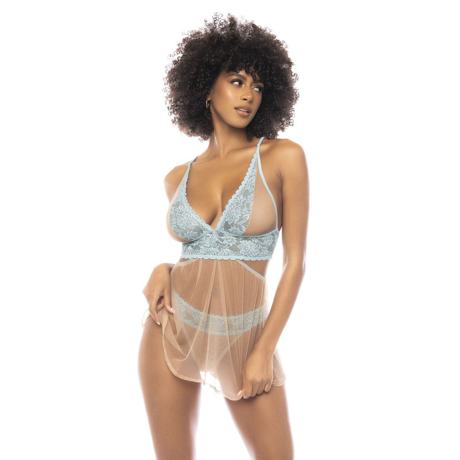 2 en 1 Nuisette et ensemble 2 pièces Abilene en dentelle et résille transparente - MAL7541LBLN