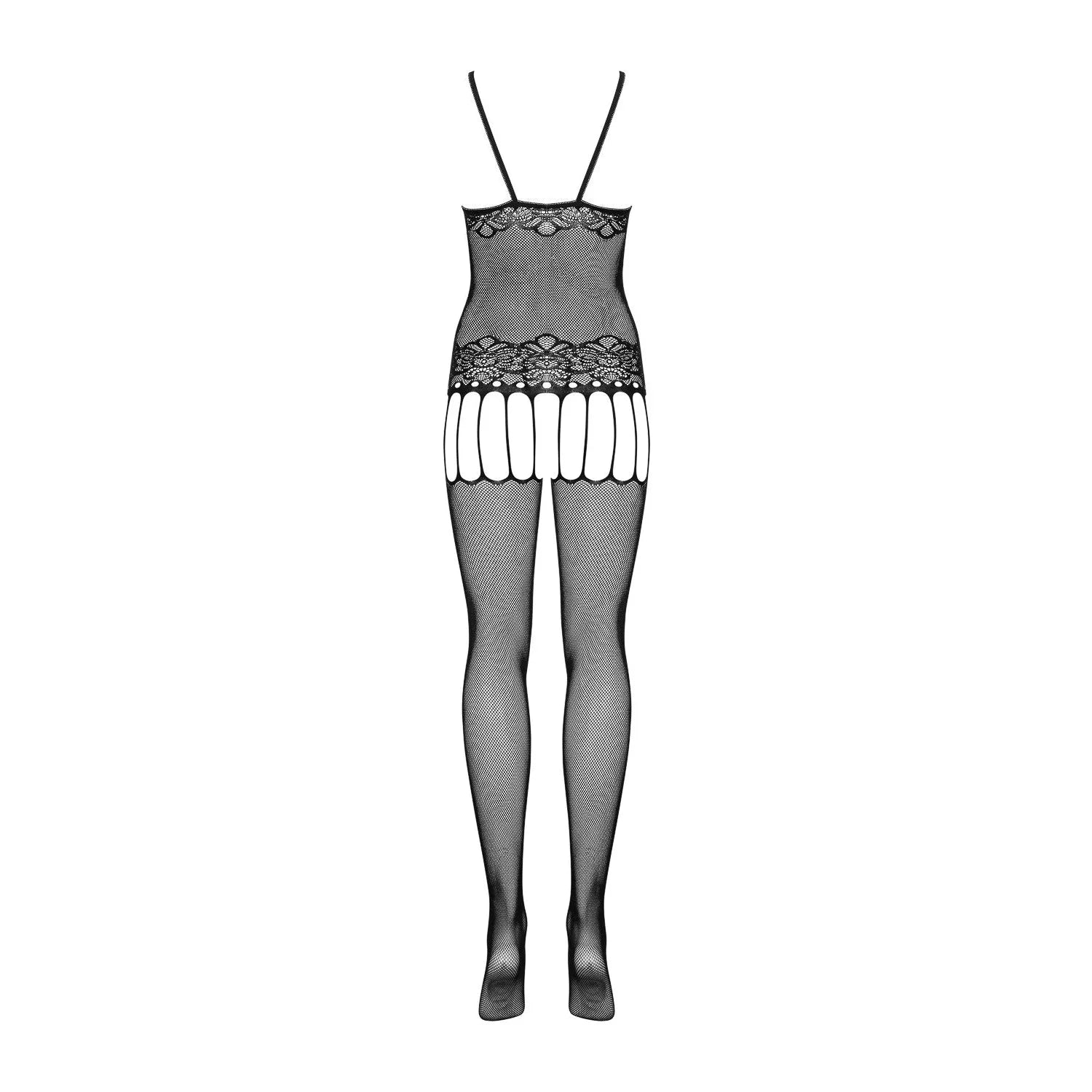 Bodystocking noir résille douce motif floral avec jarretelles, élégant et sensuel, idéal pour sublimer la silhouette.