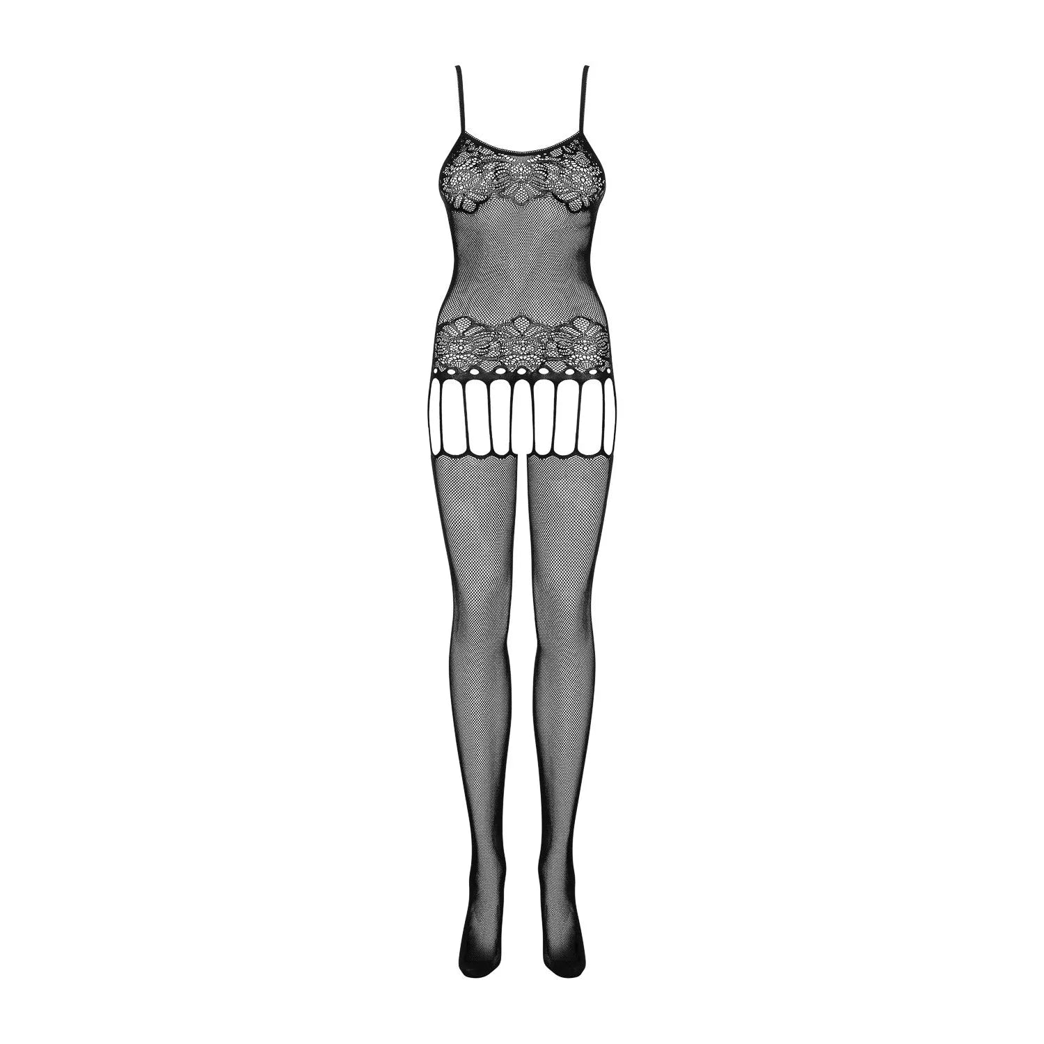 Bodystocking noir résille douce motif floral avec jarretelles, sublimant la silhouette pour une séduction élégante.