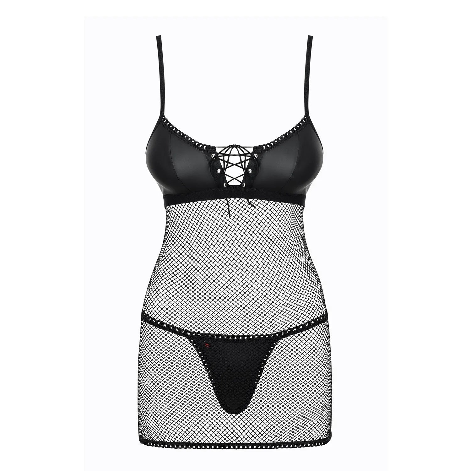 Nuisette effet cuir filet multistretch noir ajustable avec string assorti