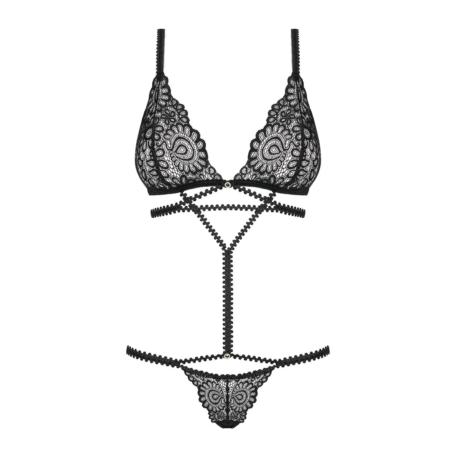 Body en dentelle noire, élastiques ajustables, design sensuel, souligne la morphologie, confort et élégance.