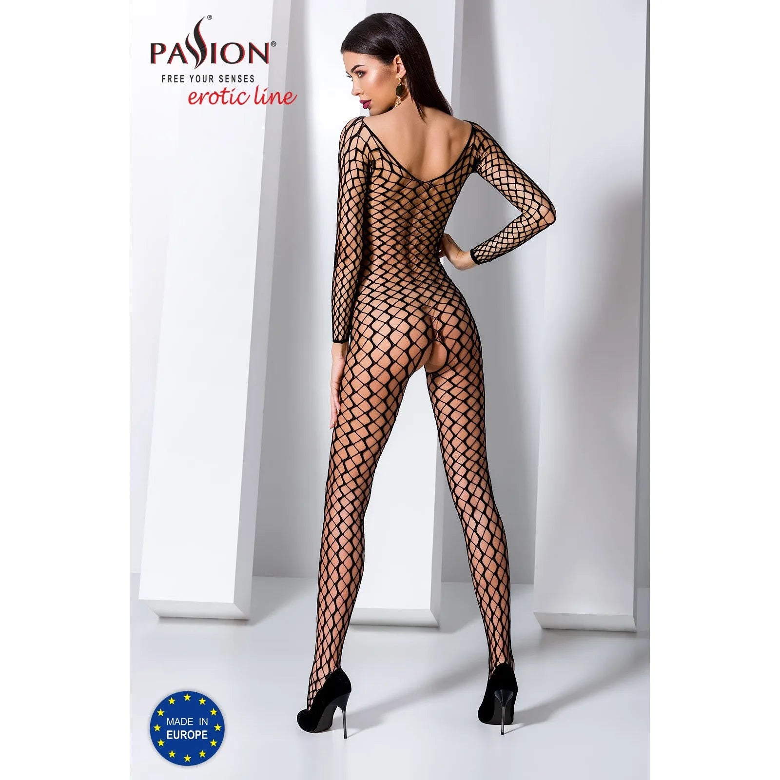 Bodystocking noir résille ouvert entrejambe, manches longues, grande élasticité, sublimant les courbes féminines.