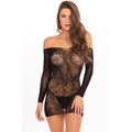 mini robe noire épaules nues manches longues dentelle florale transparente