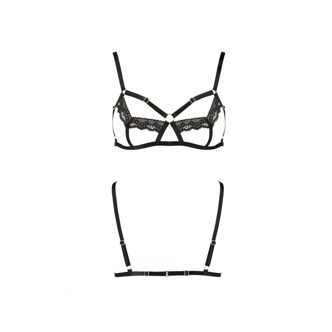 Ensemble lingerie sexy dentelle noire lanières ajustables anneaux charme
