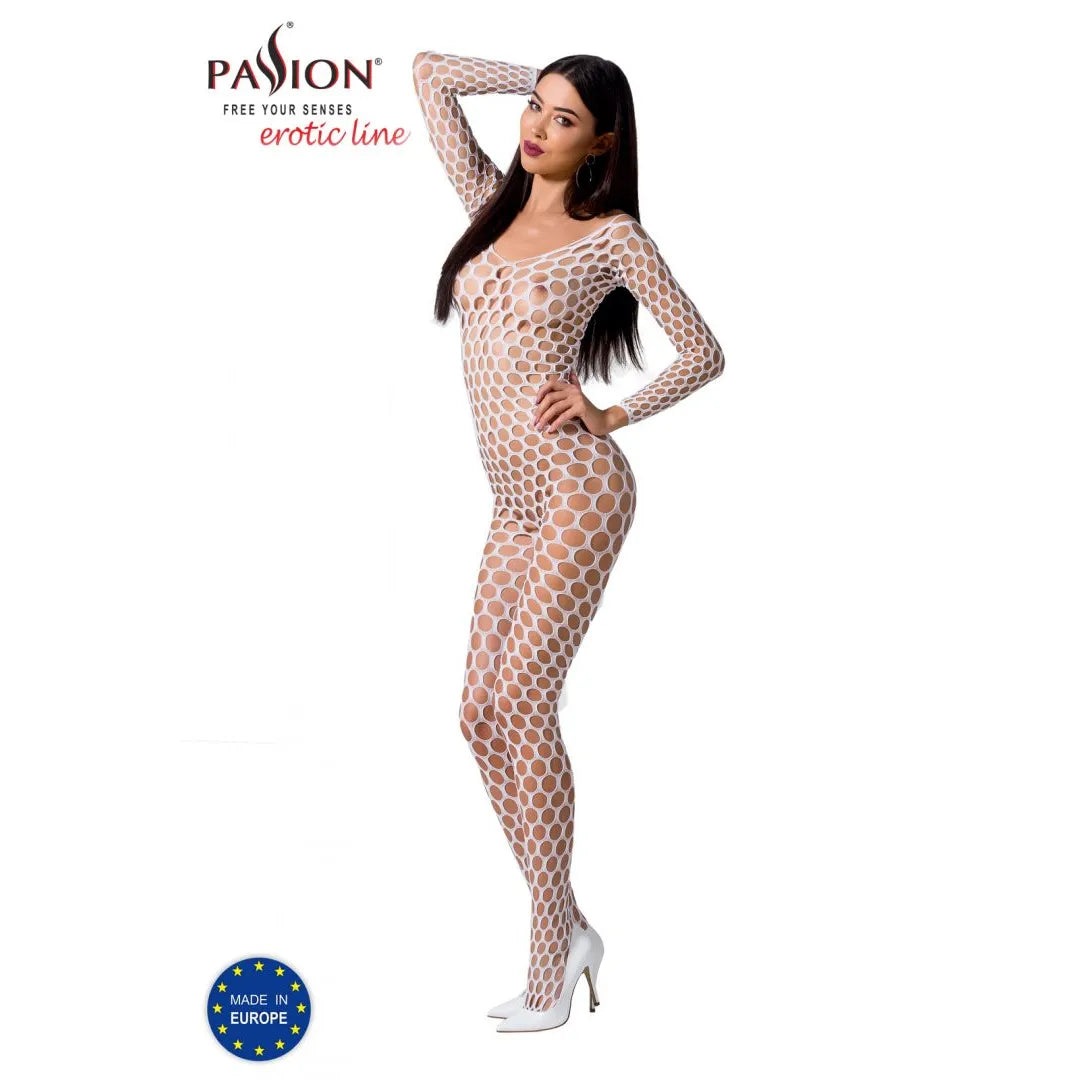 Bodystocking résille blanche élastique, manches longues, motif captivant, taille unique 36-42, élégance et confort.