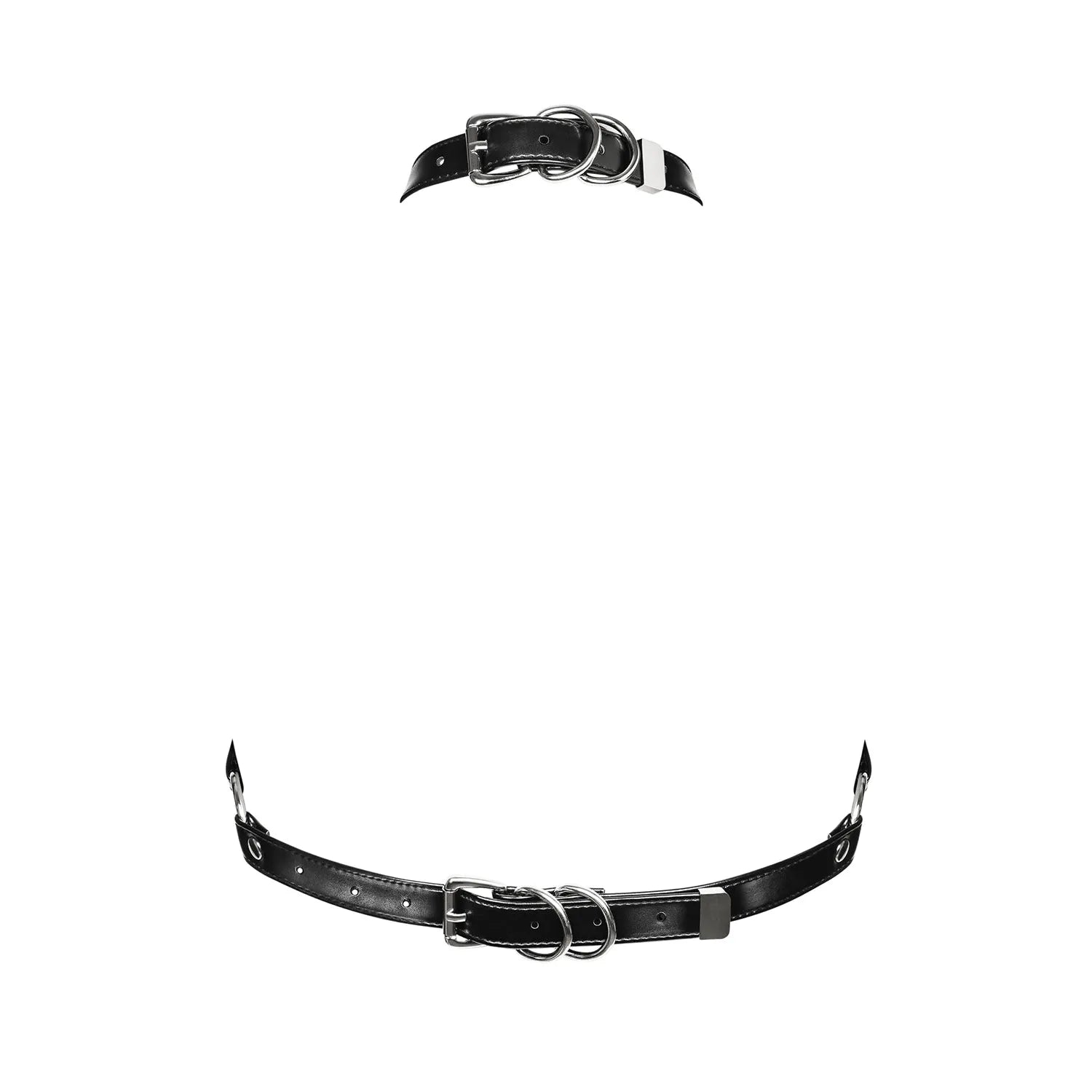 Harnais soutien-gorge noir A740, design cupless, éléments métalliques argentés, tour de cou réglable, anneau central.