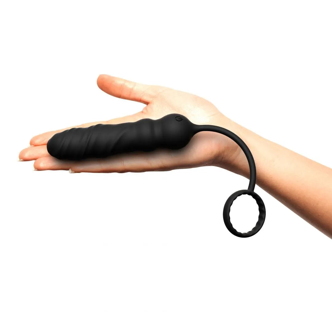 Plug anal silicone noir avec cockring télécommandé vibrations multiples