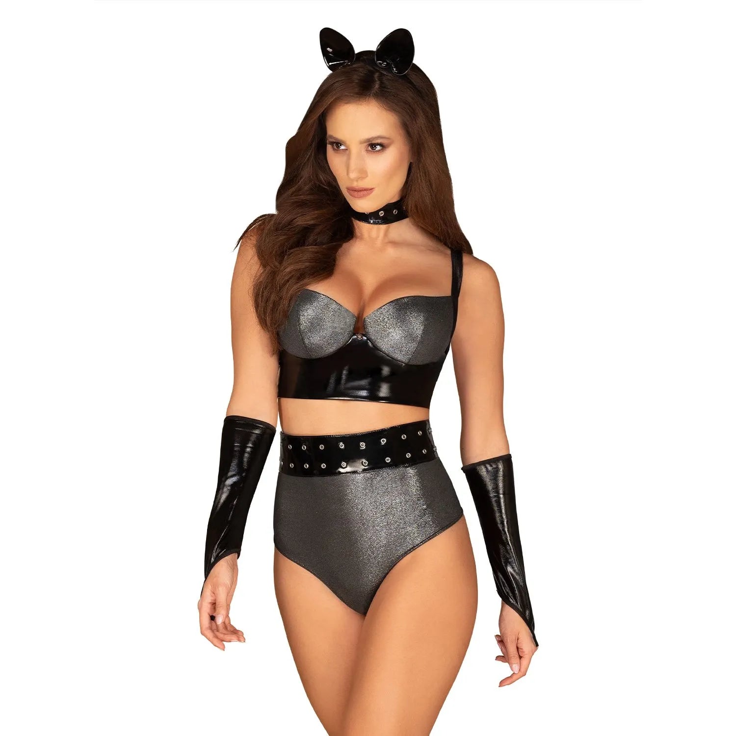 ensemble lingerie argenté simili cuir taille haute accessoires ajustables 6 pièces