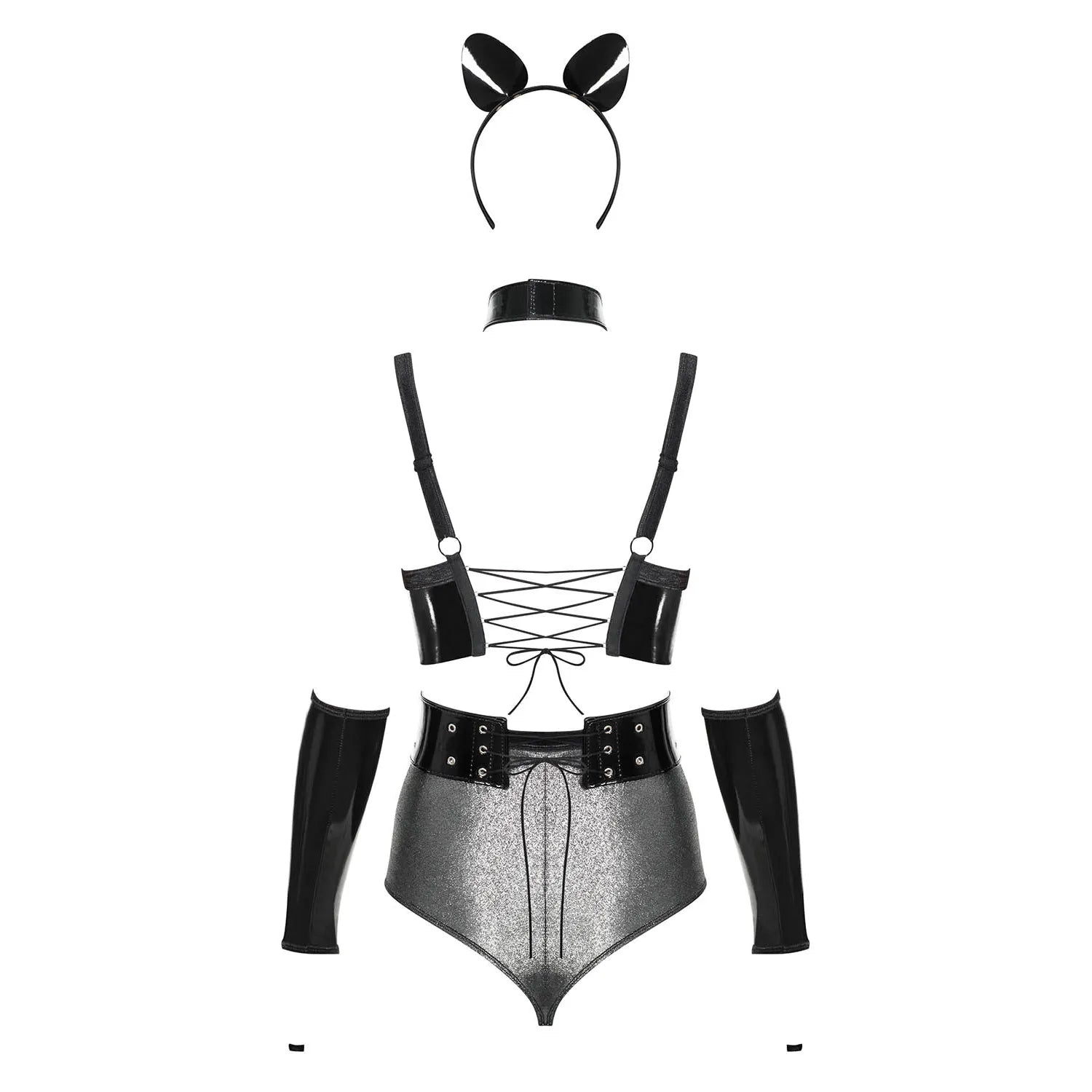 ensemble lingerie argenté simili cuir taille haute accessoires ajustables 6 pièces