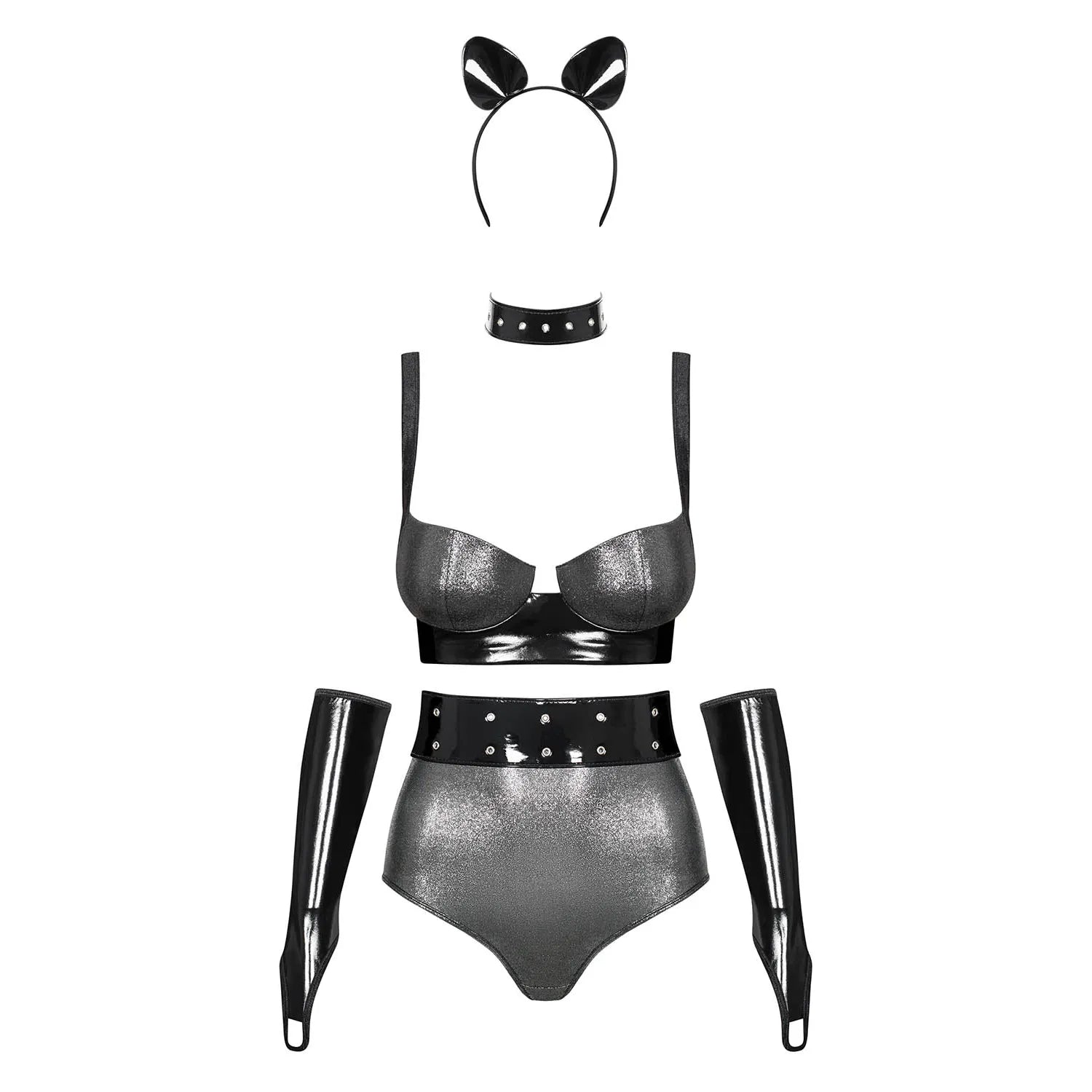 ensemble lingerie argenté simili cuir taille haute accessoires ajustables 6 pièces