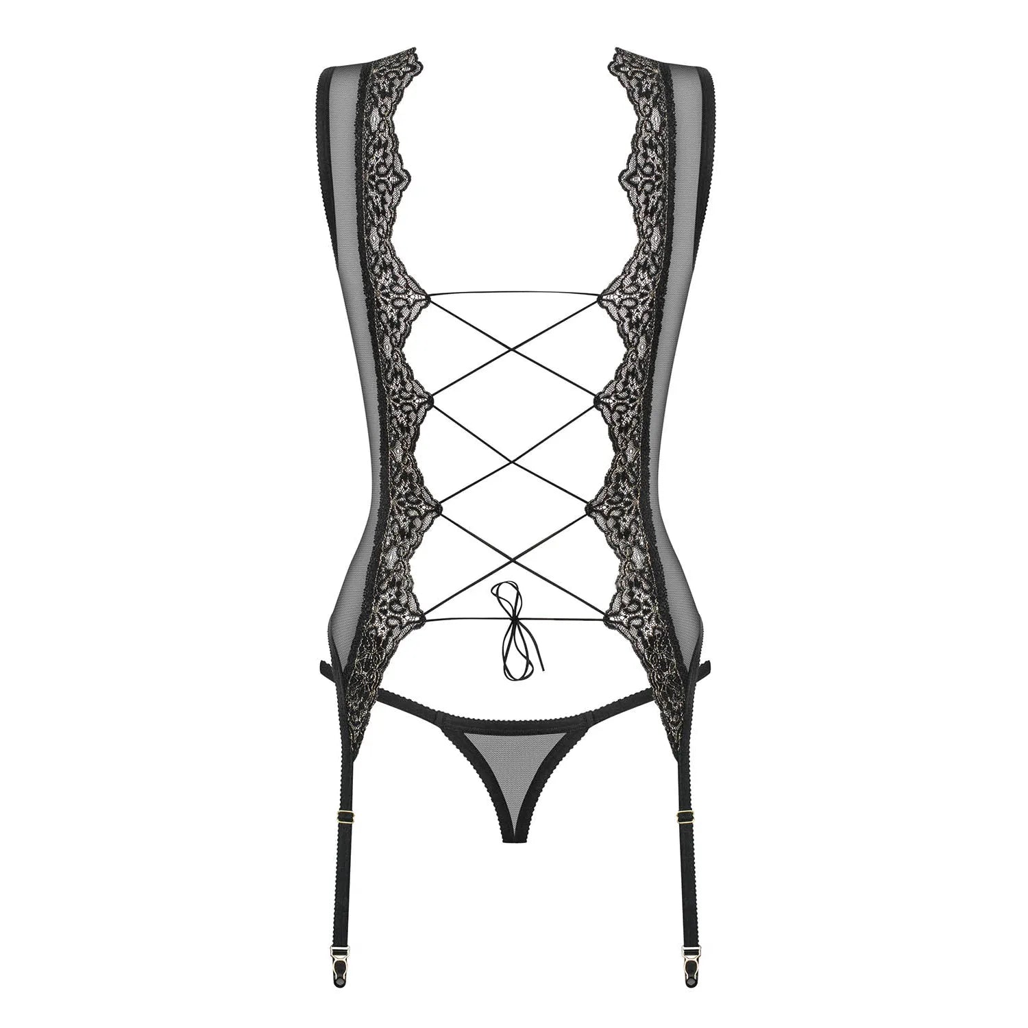 Corset Meshlove noir transparent avec dentelle et porte-jarretelles réglables