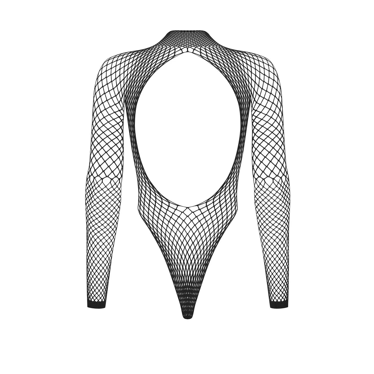 Body noir indéchirable en maille transparente multistretch, manches longues, dos ouvert, style élégant et séduisant.