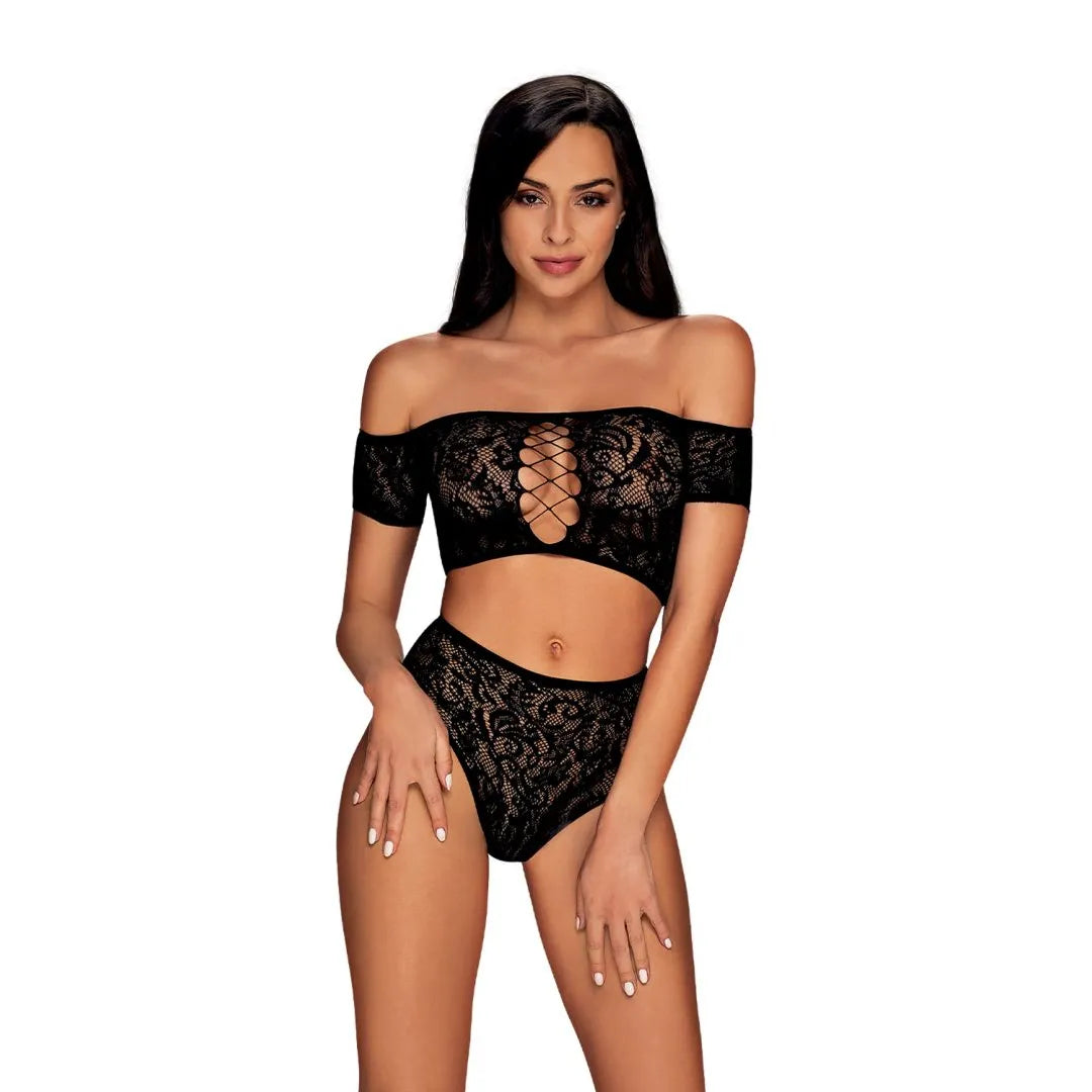 Inessita Ensemble lingerie noir sexy maille transparente épaules dénudées laçage motif subtil