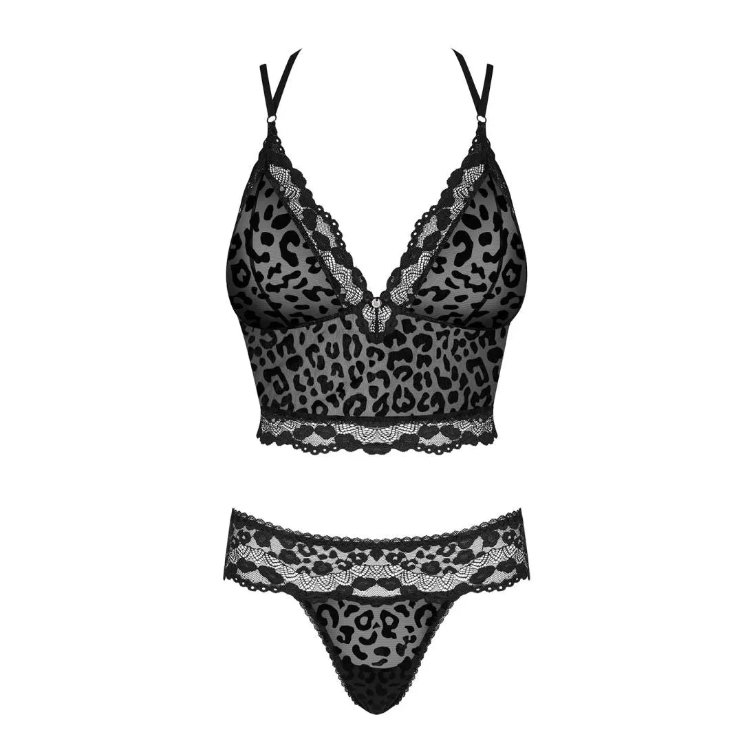 Ensemble lingerie léopard velours transparent bretelles croisées dentelle noir