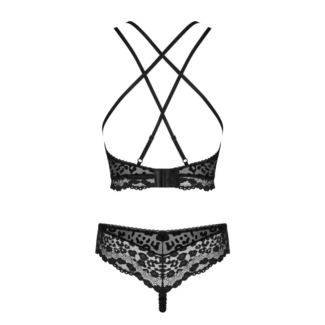 Ensemble lingerie léopard velours transparent bretelles croisées dentelle noir