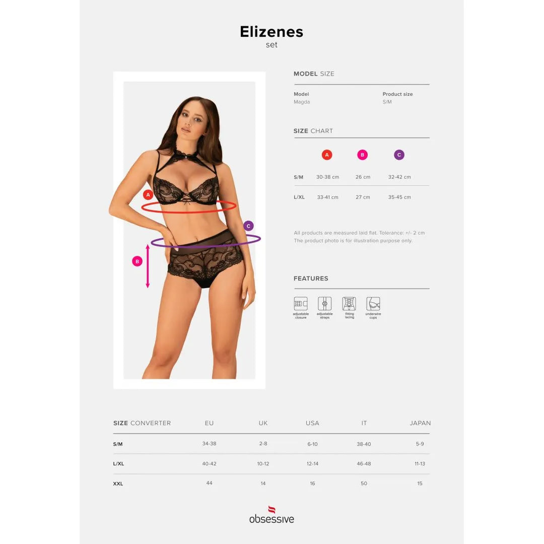 Elizenes ensemble lingerie dentelle noire soutien-gorge shorty sexy ajustable chic
