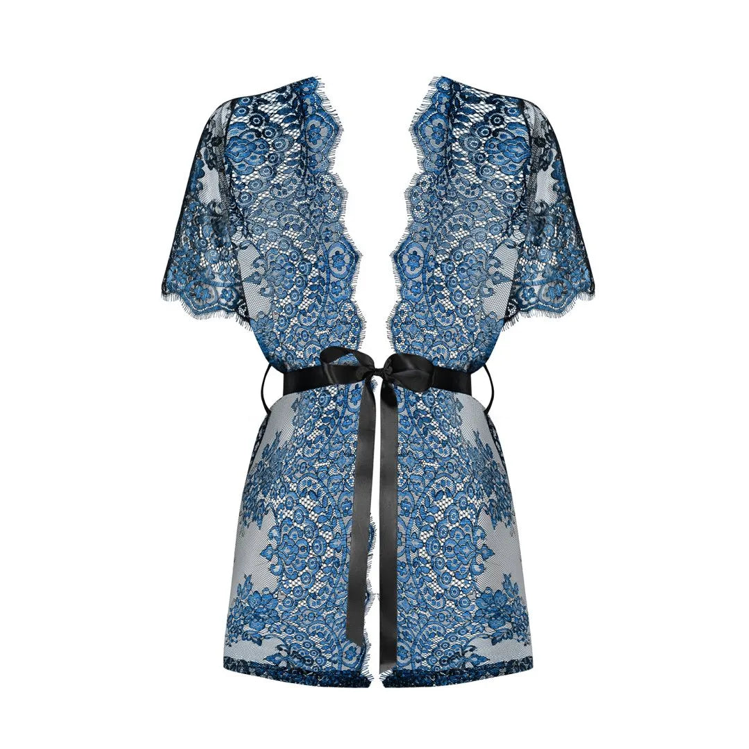Yassmyne Peignoir Dentelle Transparente Satin Bleu Indigo Noir Fleurie