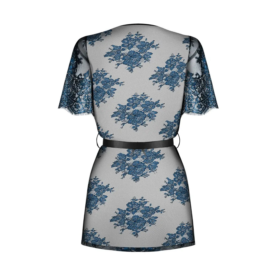 Yassmyne Peignoir Dentelle Transparente Satin Bleu Indigo Noir Fleurie