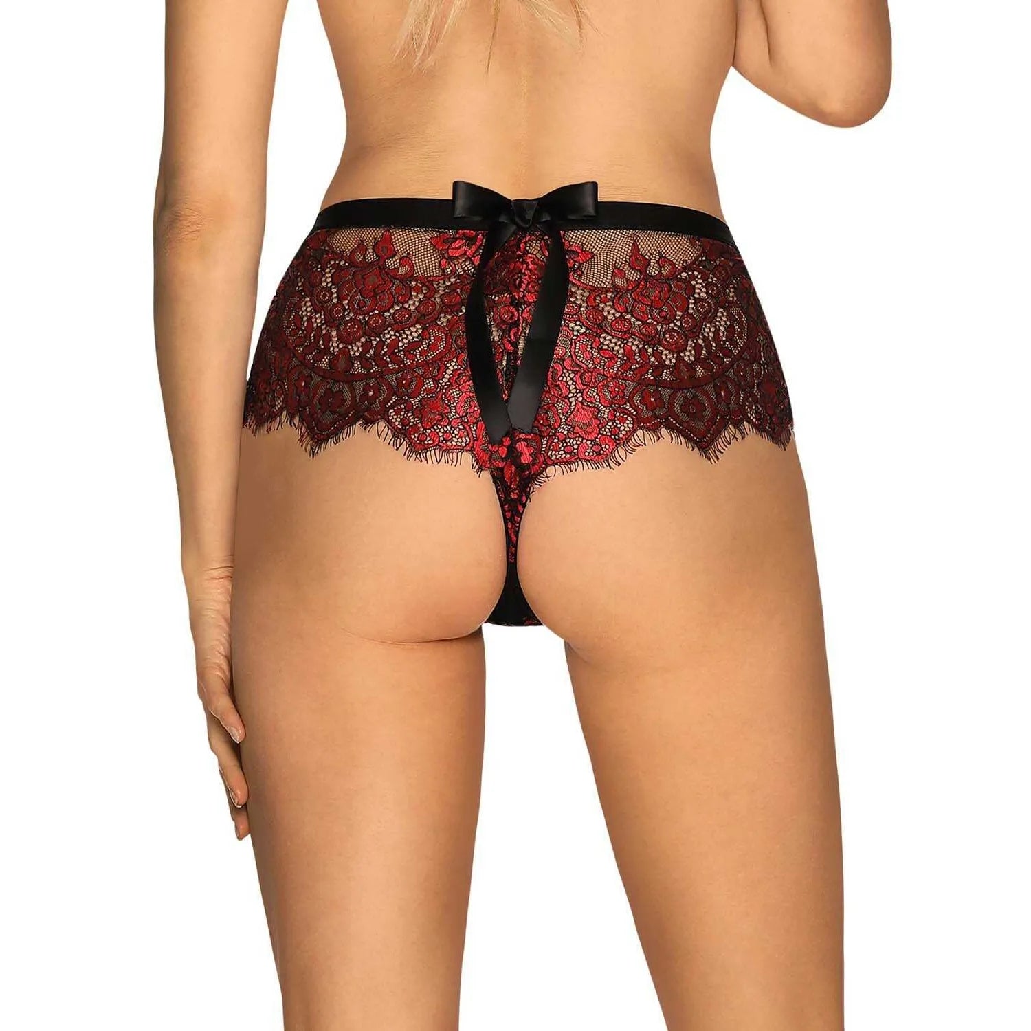 Shorty dentelle florale rouge noir profond satin noeud ultra sexy