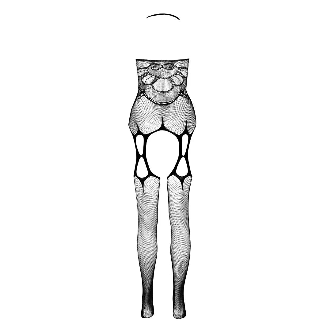 Bodystocking noir résille ajourée, design écoresponsable, motifs floraux, silhouette élégante, matière ECONYL ROICA.
