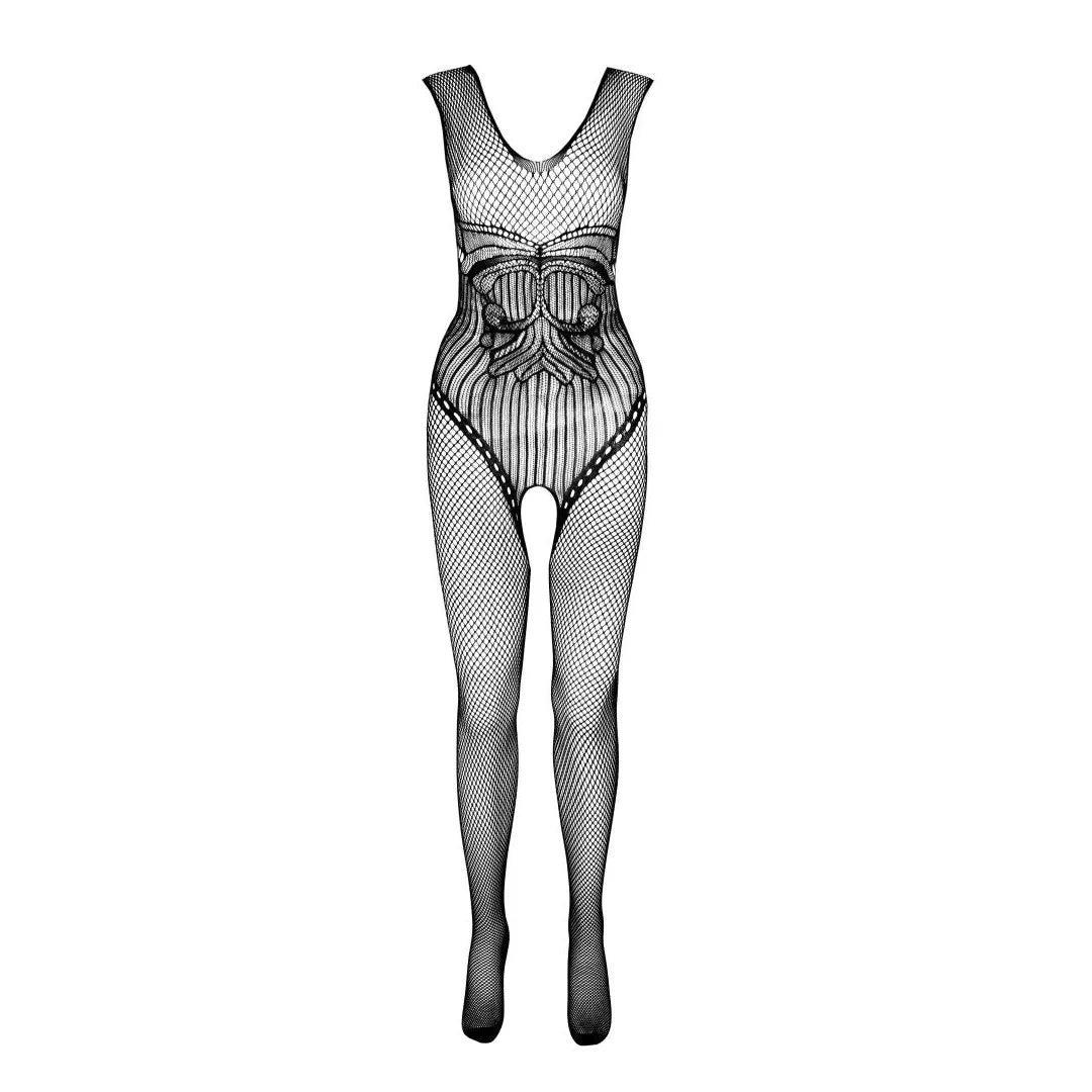 Bodystocking noir résille écologique, ouvert à l'entrejambe, design séduisant et durable, idéal pour soirées passionnées.