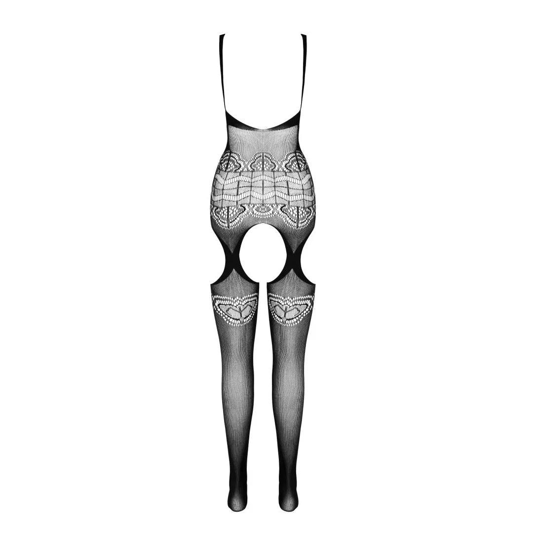 Bodystocking résille noire Passion, ouvert entrejambe, motifs élégants, écoresponsable, lingerie sexy et durable.