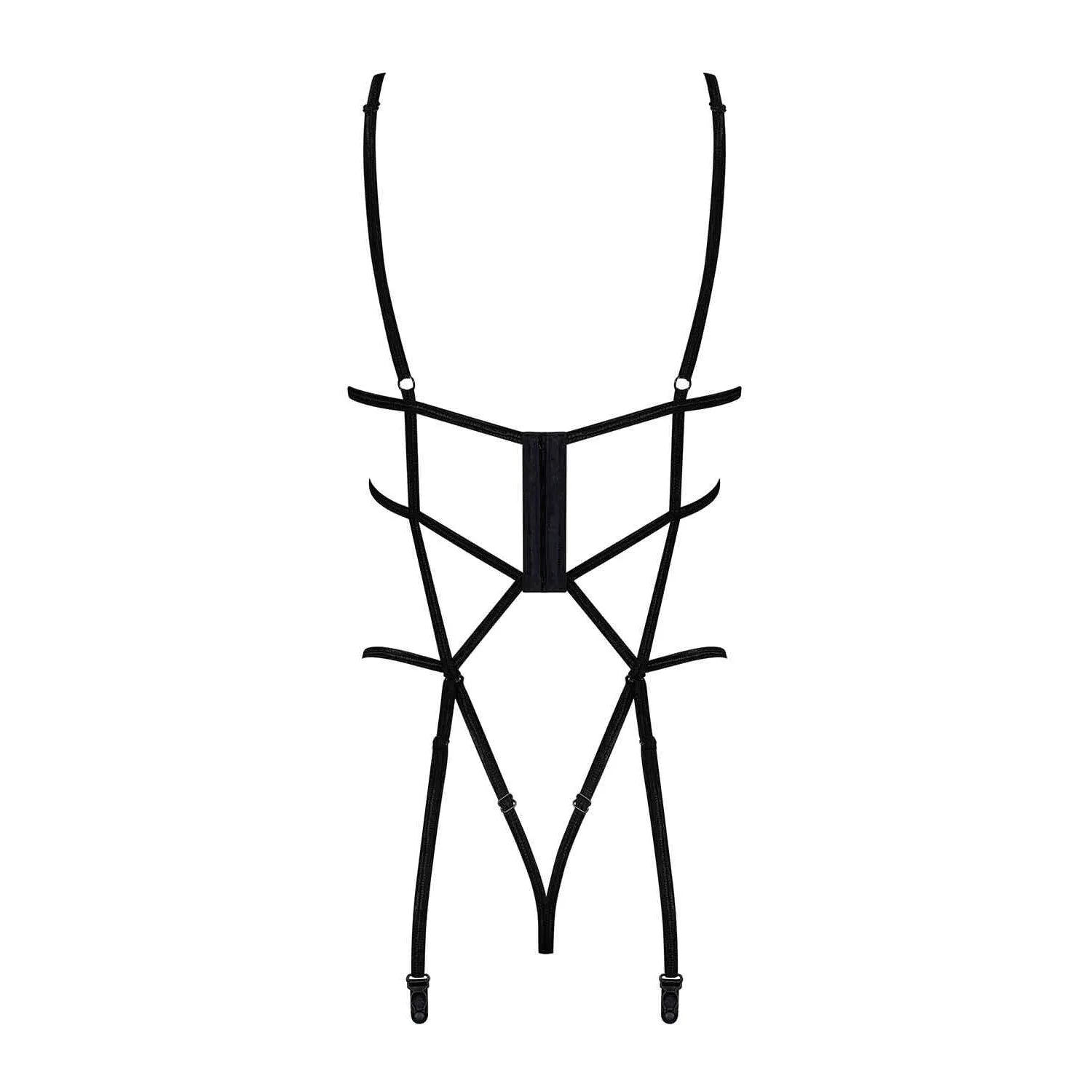 Body ouvert noir Badossa en guipure avec bretelles réglables et jarretelles amovibles, design sensuel et élégant.