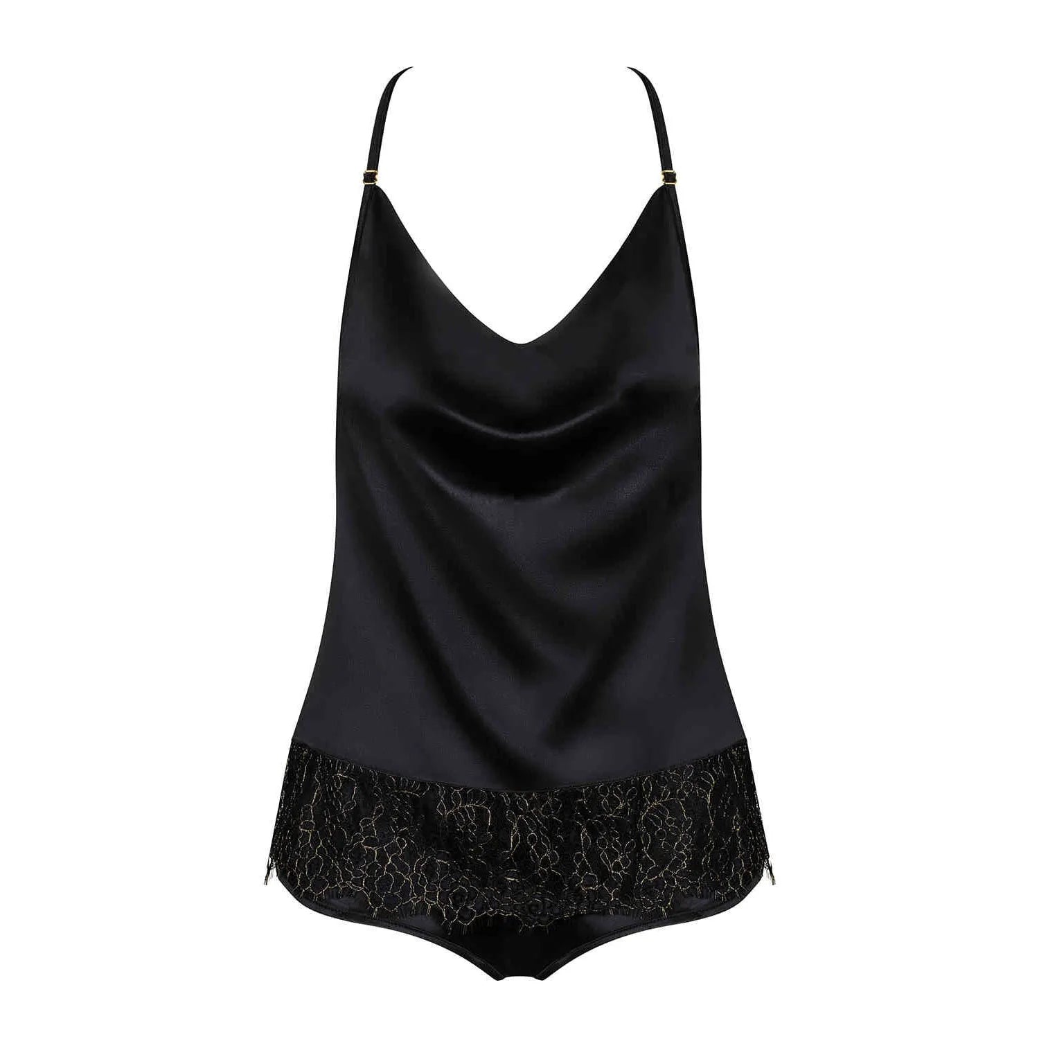 Top et shorty Agatya en satin noir avec dentelle, décolleté unique, bretelles réglables, élégant et confortable.