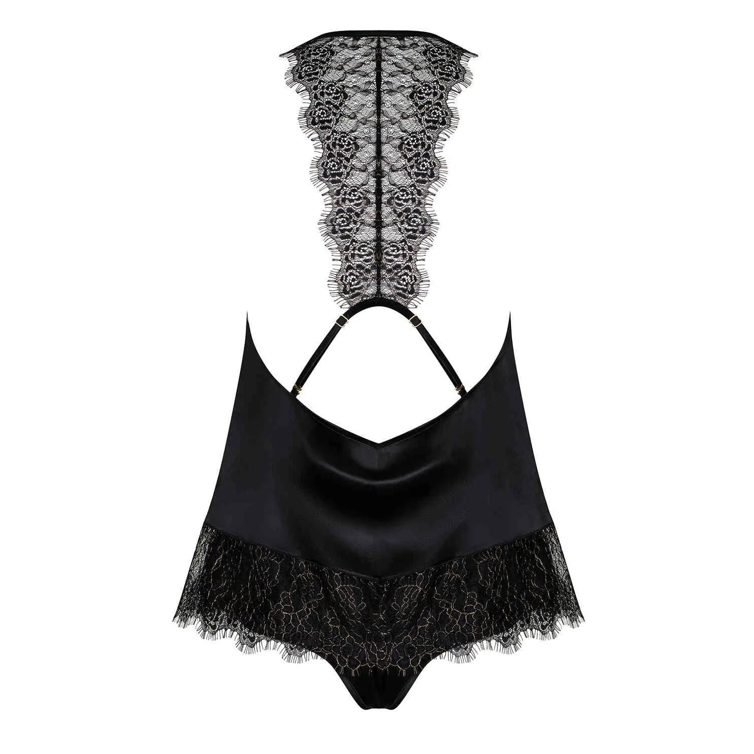 Ensemble lingerie Agatya noir en satin, top avec décolleté unique et dentelle au dos, shorty assorti élégant.