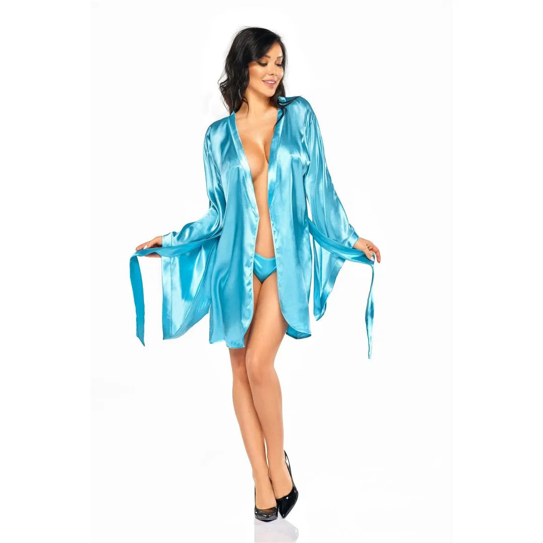 Samira Peignoir Kimono Satin Turquoise Sex-Appeal Manches Longues Taille S-L