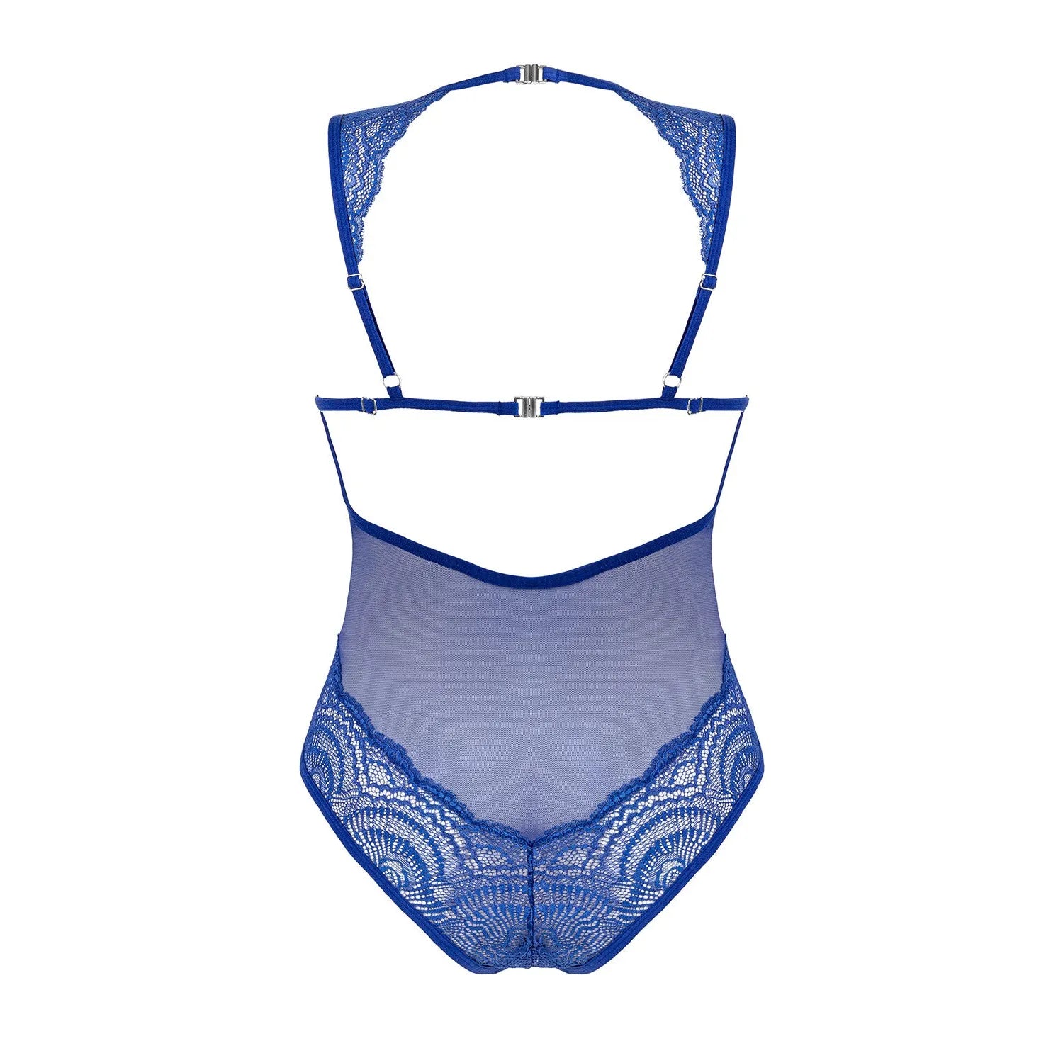 Body teddy bleu en dentelle, soutien-gorge à armatures, décolleté profond, design moderne et élégant, marque Giselia.