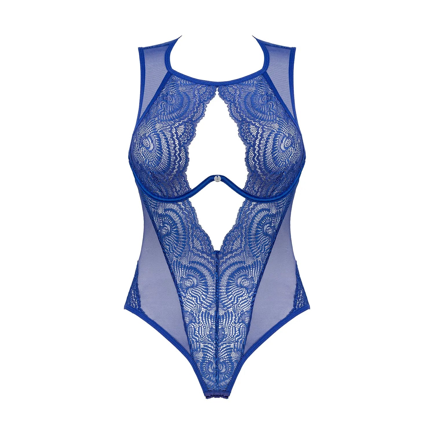 Body teddy bleu Giselia en dentelle, décolleté profond, soutien-gorge à armatures, design moderne et séduisant.
