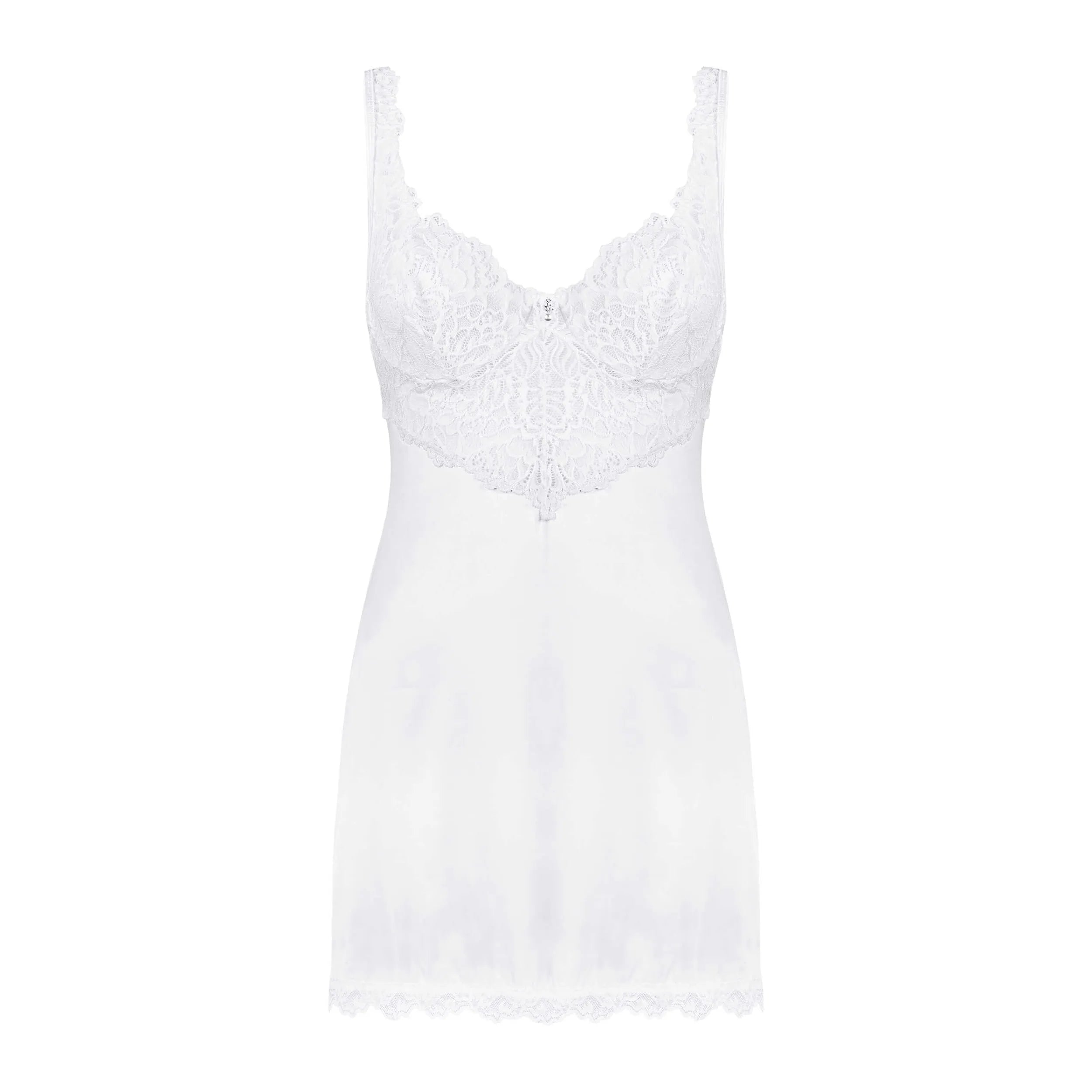 Nuisette blanche en dentelle délicate, coupe sensuelle, idéale pour nuit de noces, avec string assorti.
