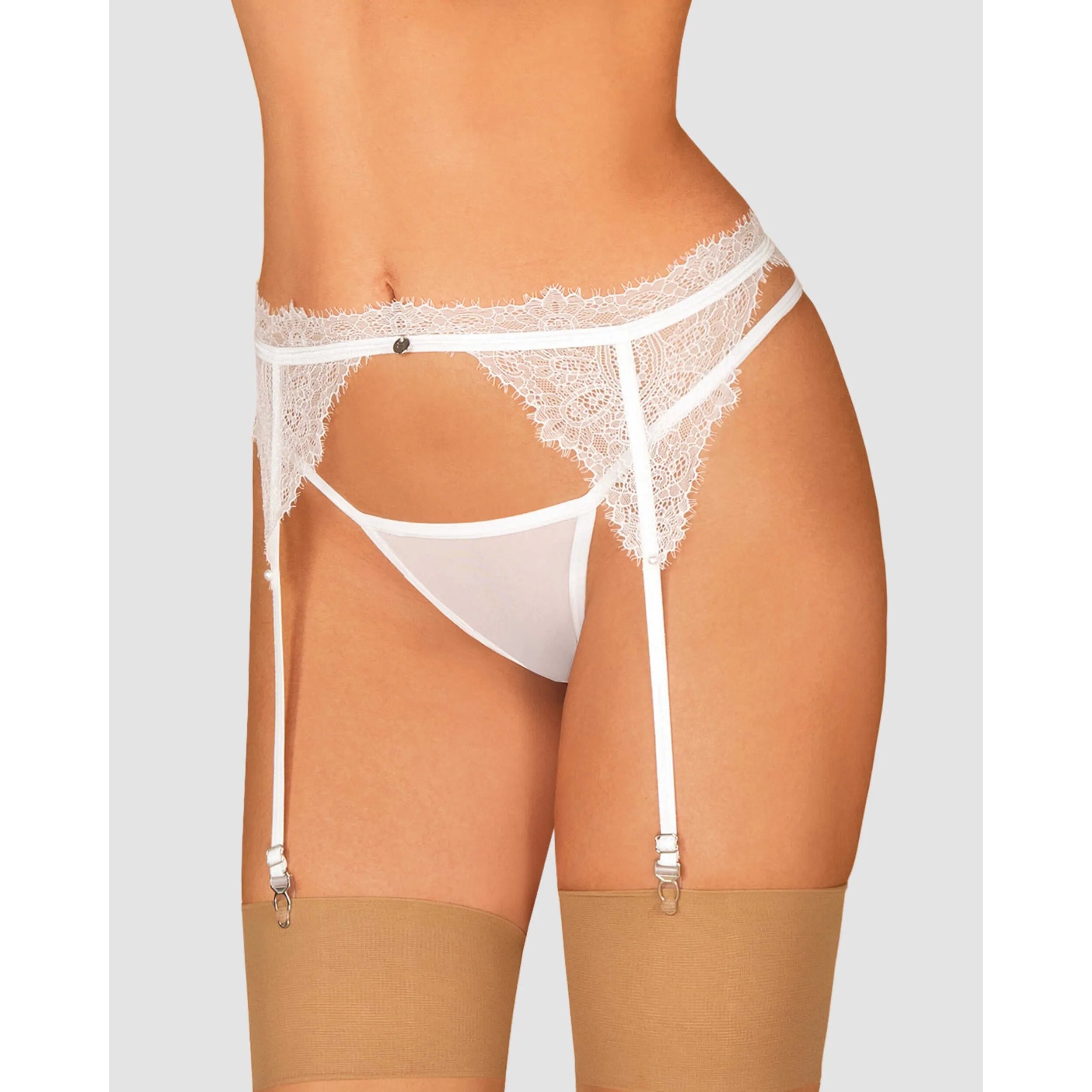 Porte-jarretelles blanc Bianelle en dentelle, orné aux hanches, parfait pour associer avec des bas, élégant et séduisant.