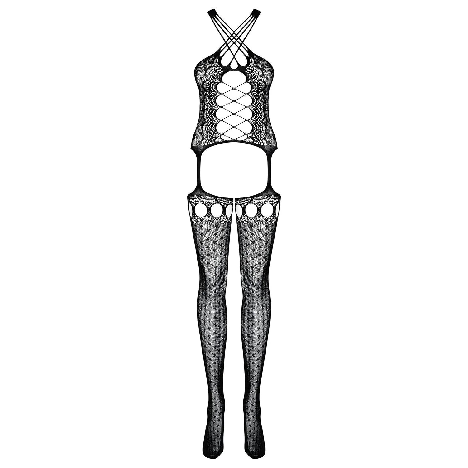 Bodystocking noir Obsessive, motifs géométriques, effet guêpière, bretelles croisées, allure élégante et séduisante.