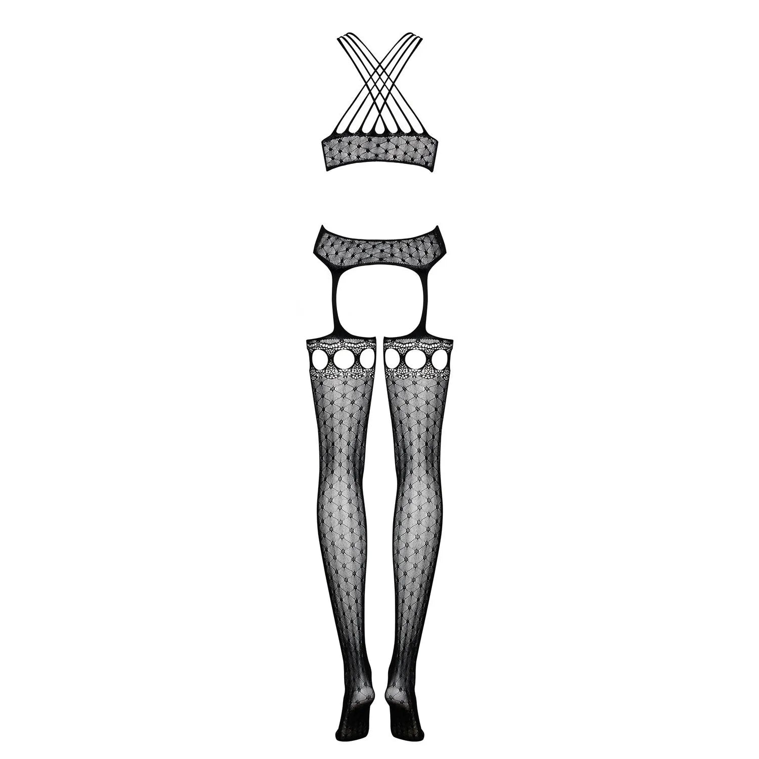 Bodystocking noir Obsessive, motifs géométriques, effet guêpière, allure élégante et sensuelle, mise en valeur silhouette.