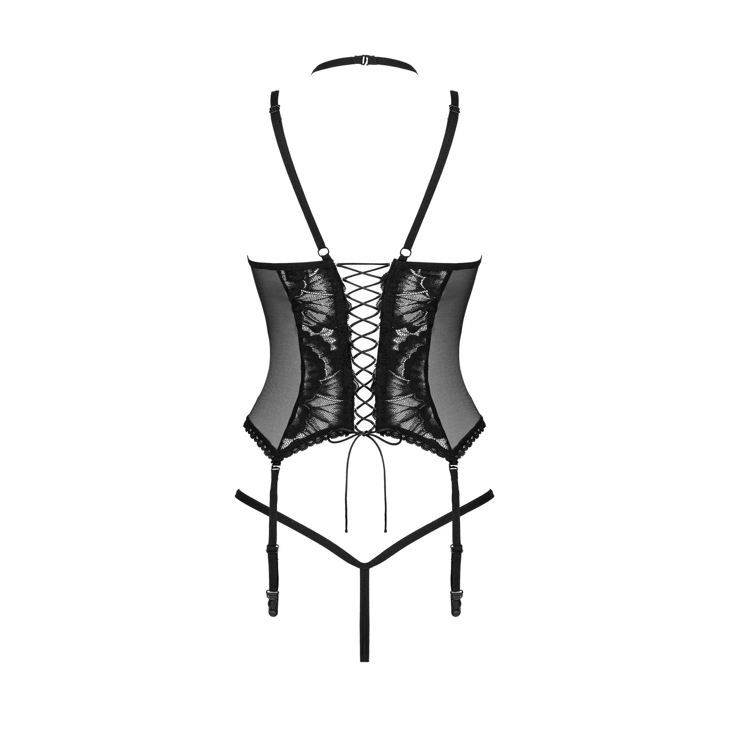 Corset noir Alessya avec dentelle élégante et string assorti, coupe sexy soulignant les formes féminines.