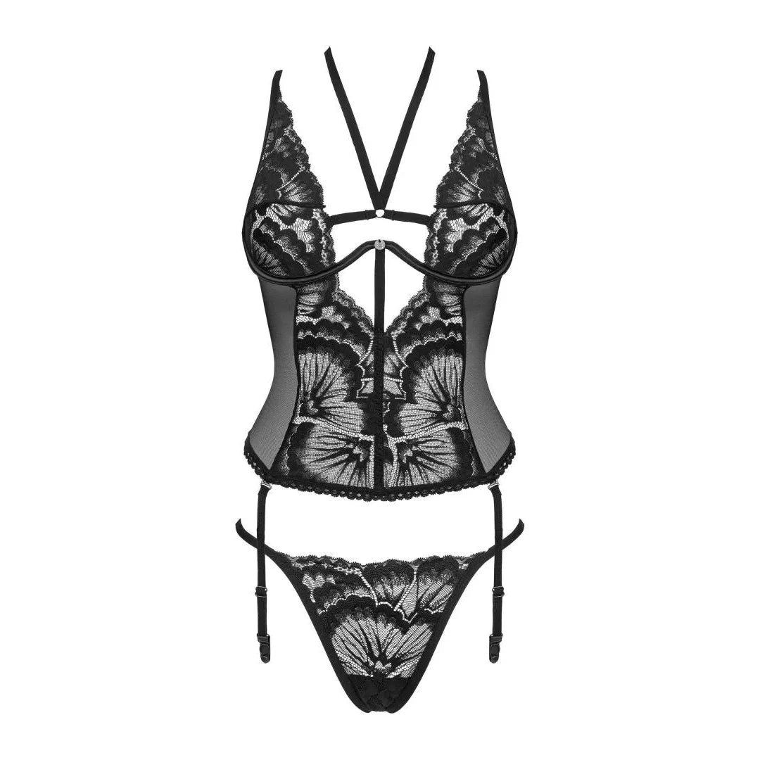 Corset noir Alessya avec dentelle élégante et string assorti, soulignant les formes féminines avec des sangles sensuelles.