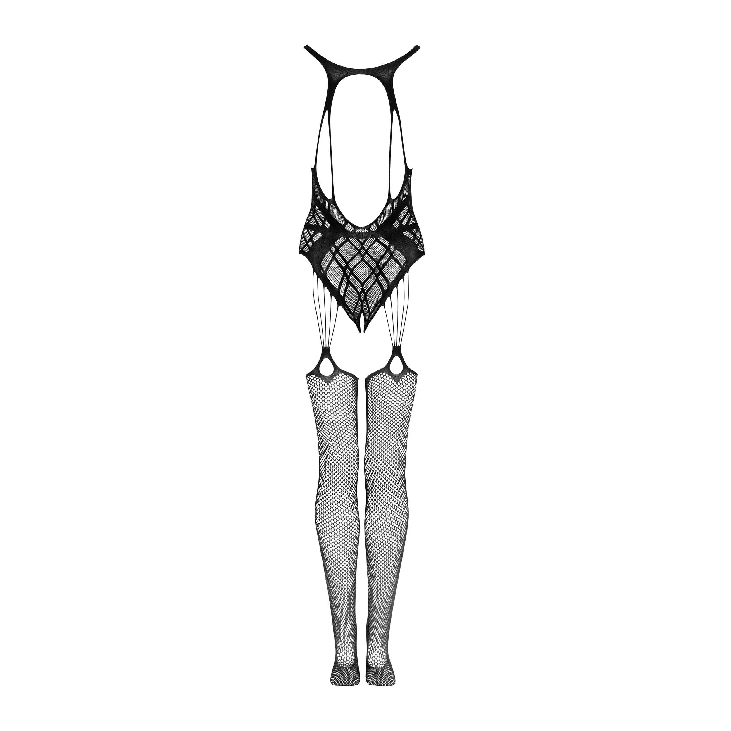 Bodystocking noir G324 en maille transparente, dos ouvert, fines bretelles, design sexy et élégant pour soirées spéciales.