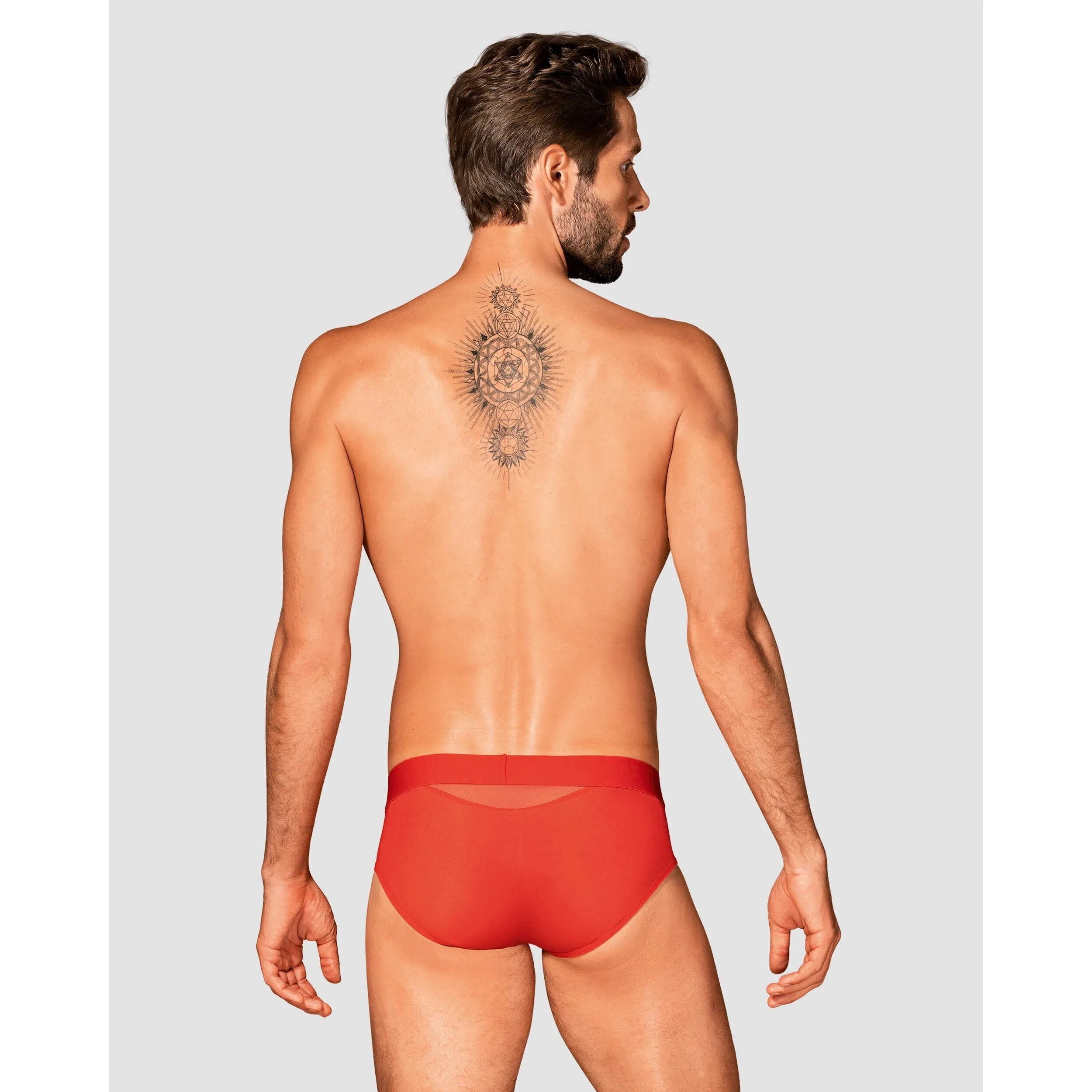 Slip Boldero rouge homme, maille transparente sur côtés et dos, coupe classique, look sexy et confortable.