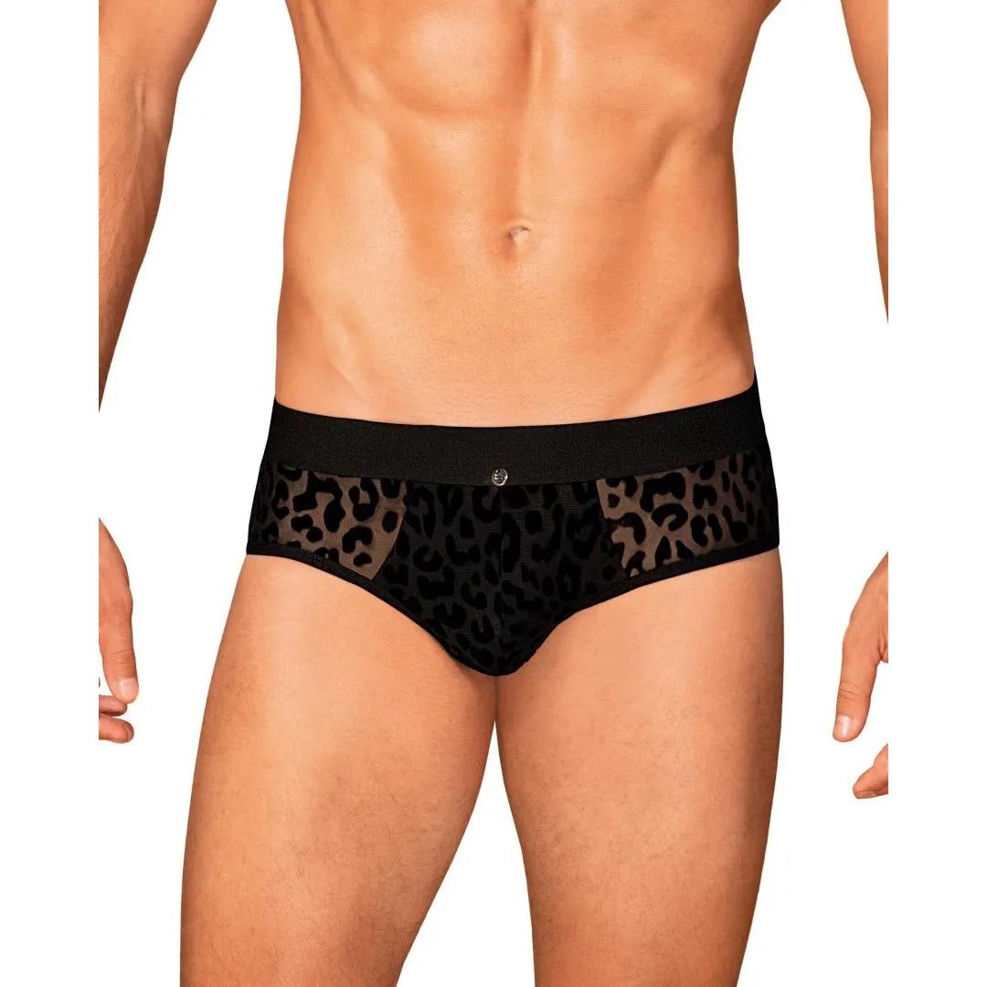 Slip homme Azmeron noir, imprimé léopard, détails translucides et argentés, coupe classique et confortable.