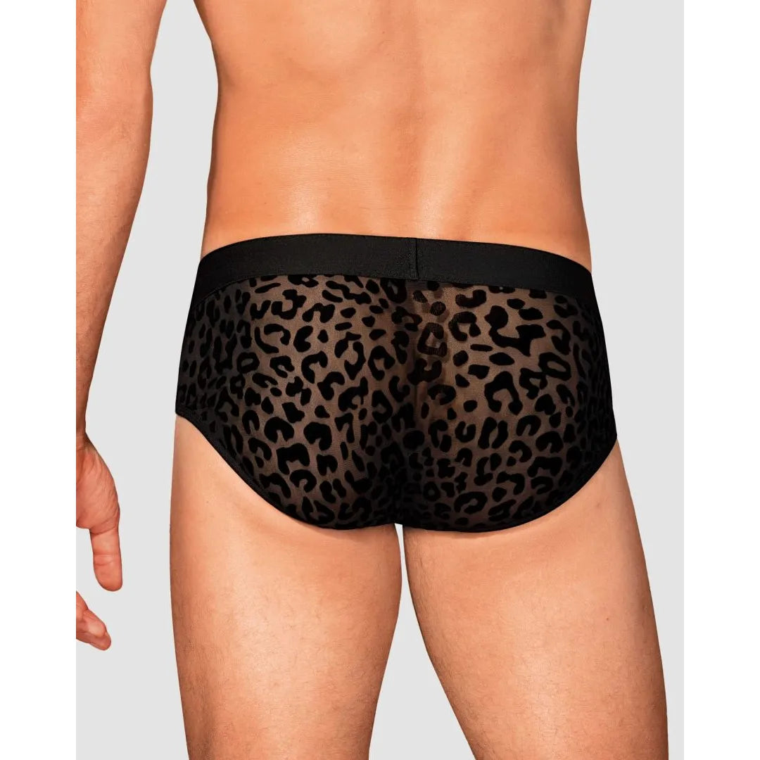 Slip homme Azmeron noir, imprimé léopard, maille translucide, détail argenté, coupe classique et confortable.