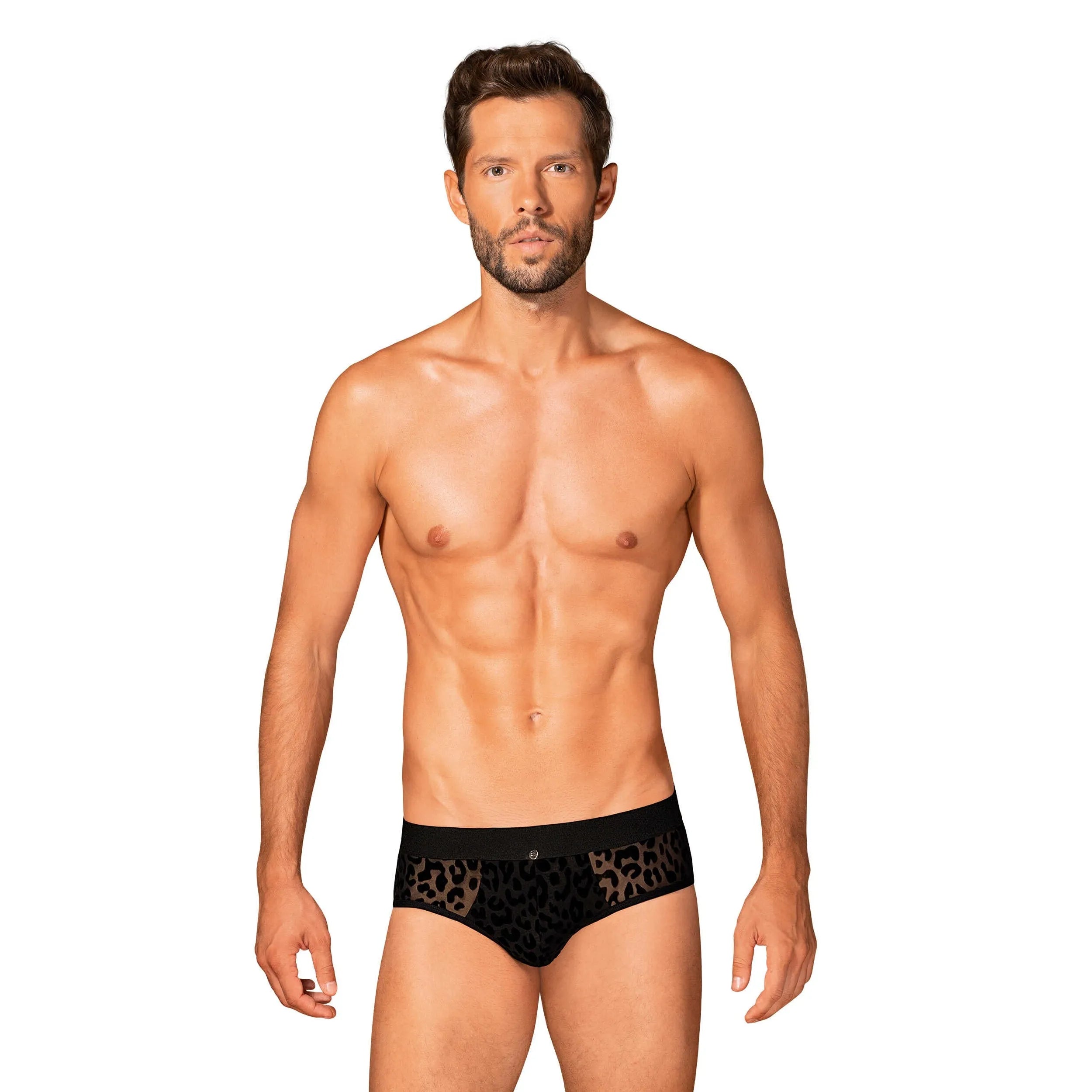 Slip homme Azmeron noir, imprimé léopard, détails translucides et argentés, coupe classique et élégante.