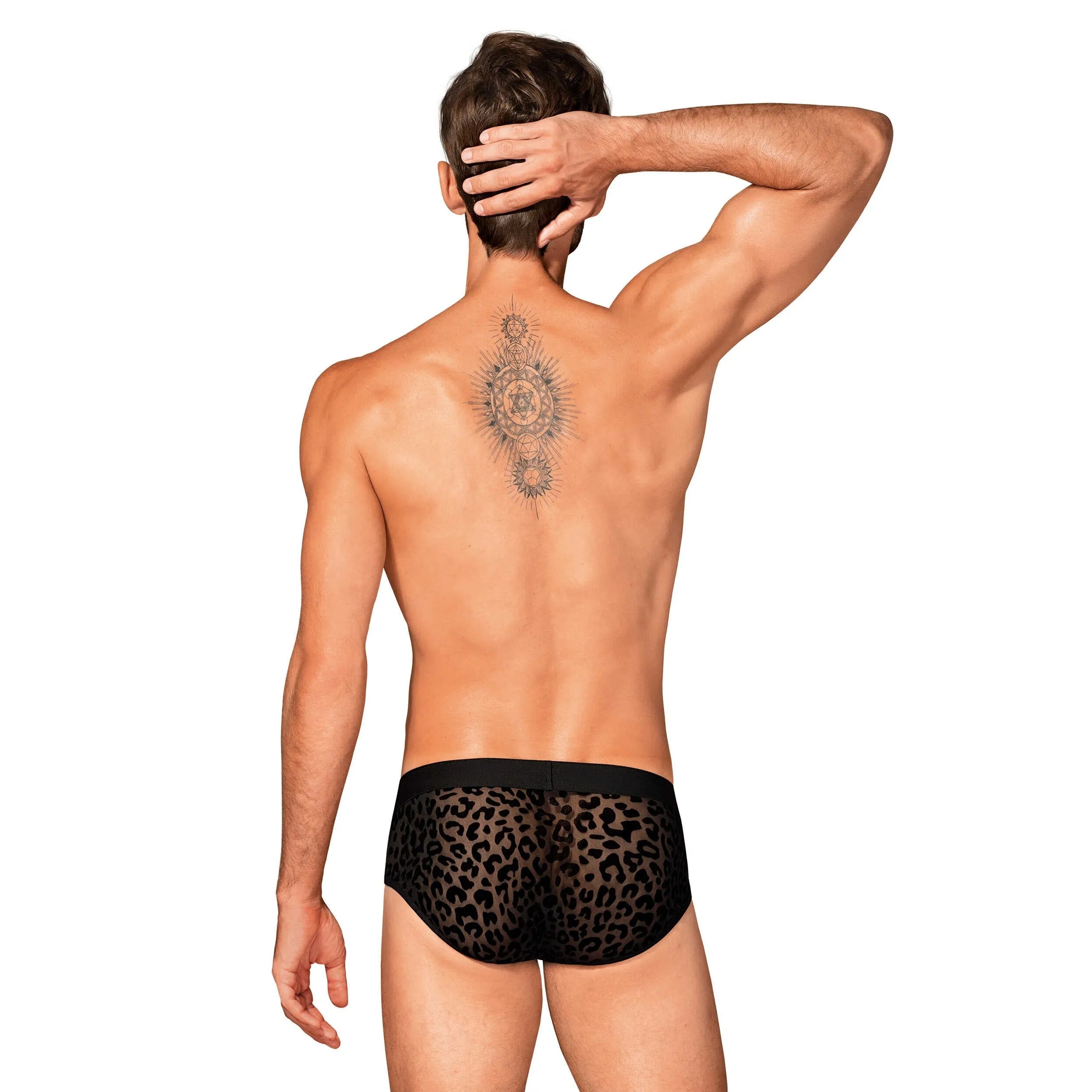 Slip homme Azmeron noir, imprimé léopard, maille translucide, détail argenté, coupe classique et confortable.