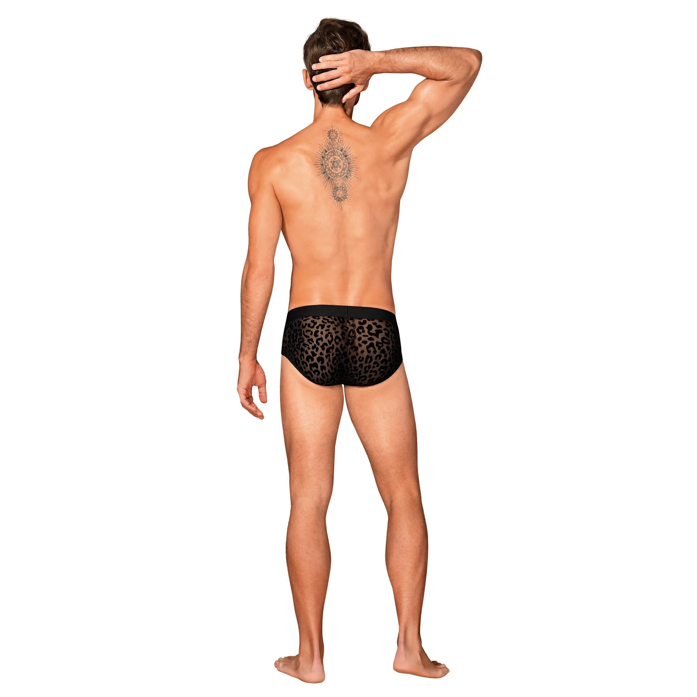 Slip homme Azmeron noir, imprimé léopard, détails argentés, maille translucide, coupe classique et élégante.