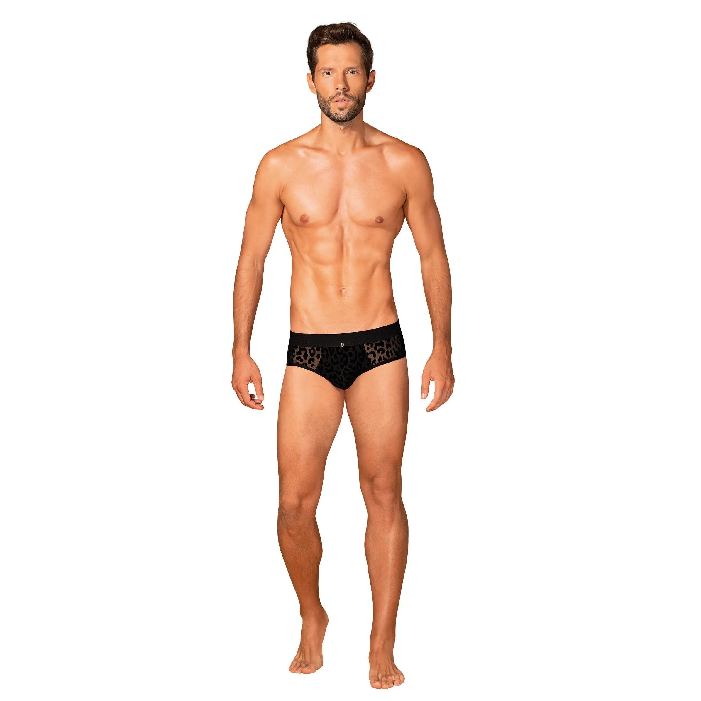 Slip homme Azmeron noir, imprimé léopard, détails argentés, coupe classique, matières translucides, élégant et sexy.