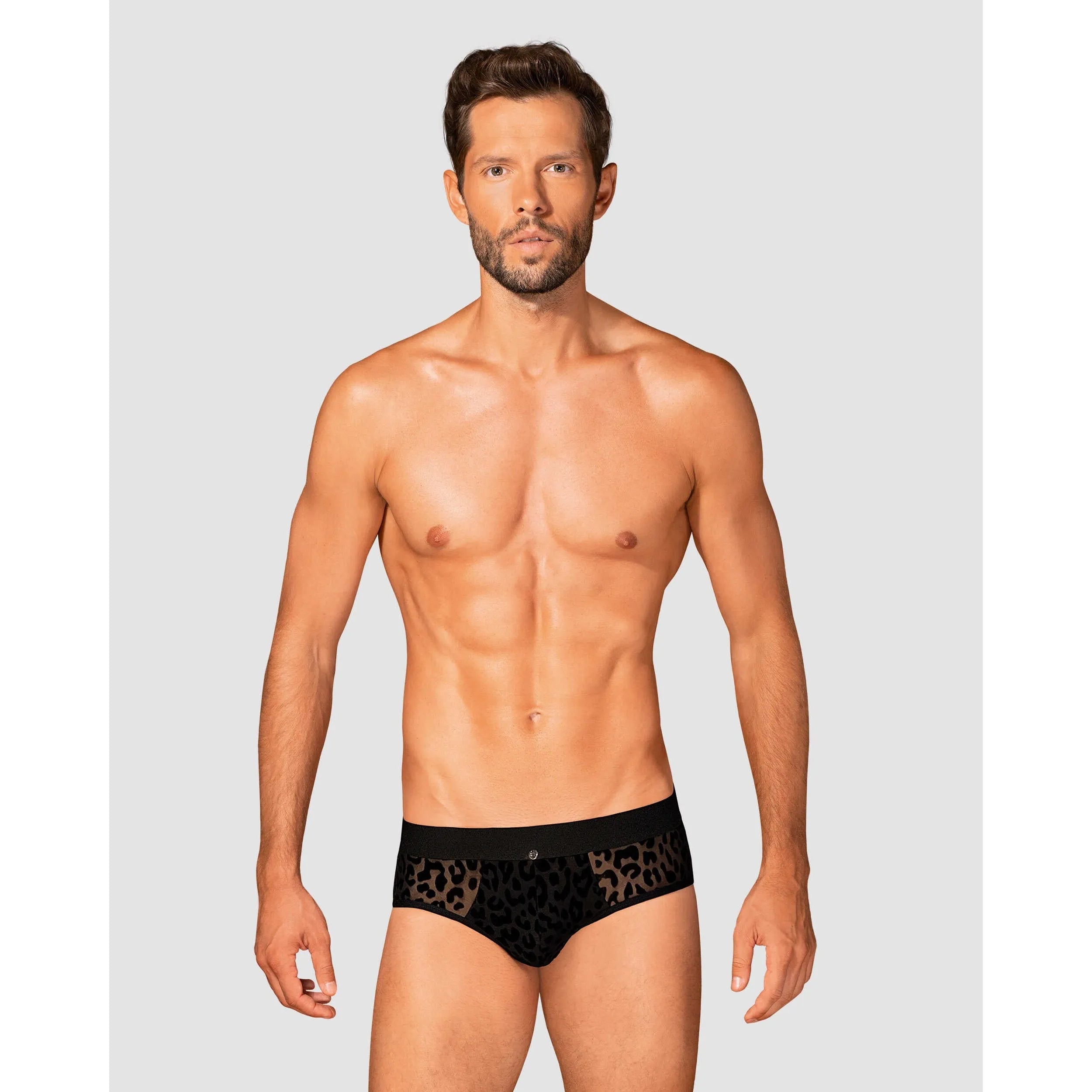 Slip homme Azmeron noir, imprimé léopard, détails translucides et argentés, coupe classique et confortable.