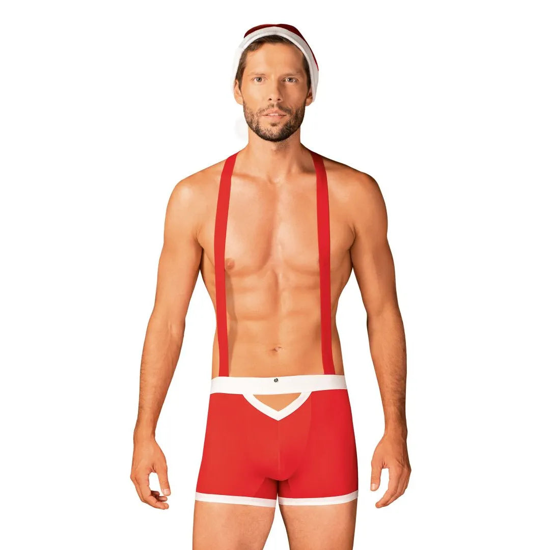 Caleçon rouge Père Noël homme bretelles réglables bonnet pompon