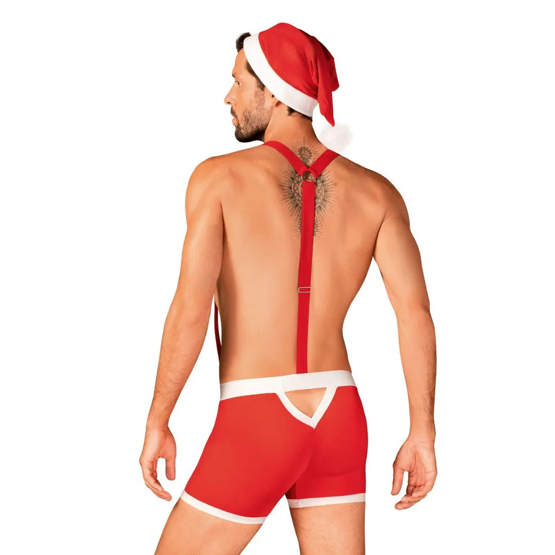 Caleçon rouge homme style Père Noël avec bretelles réglables et bonnet à pompon, idéal pour fêtes de fin d'année.